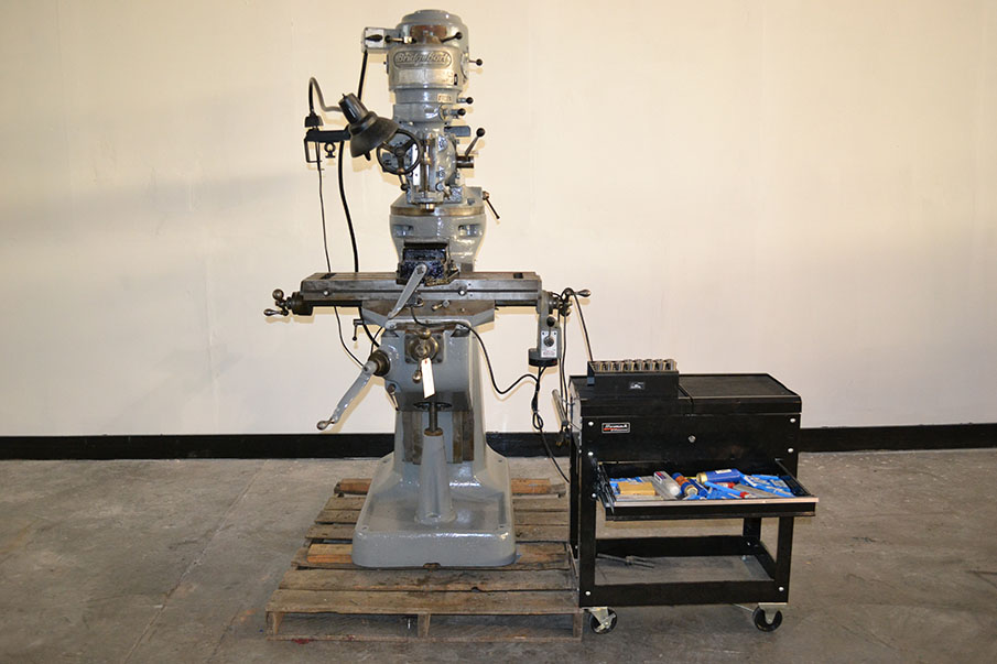 Bridgeport J-Head 9" x 32" Vertical Milling Machine w/ Power Feed, Tool Cart, Tooling