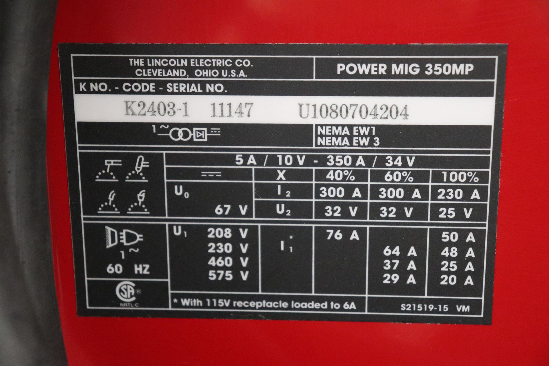 Lincoln Electric Power Mig 350MP MultiProcess Welder w/ Python Push