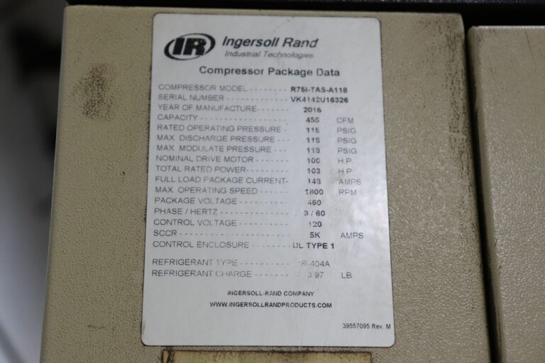 Ingersoll Rand R75I-TAS-A118 100HP 455 CFM Rotary Screw Air Compressor ...