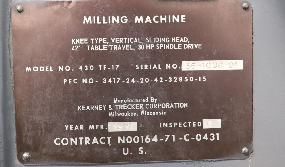 Kearney Trecker Model 430TF-20 Vertical Mill