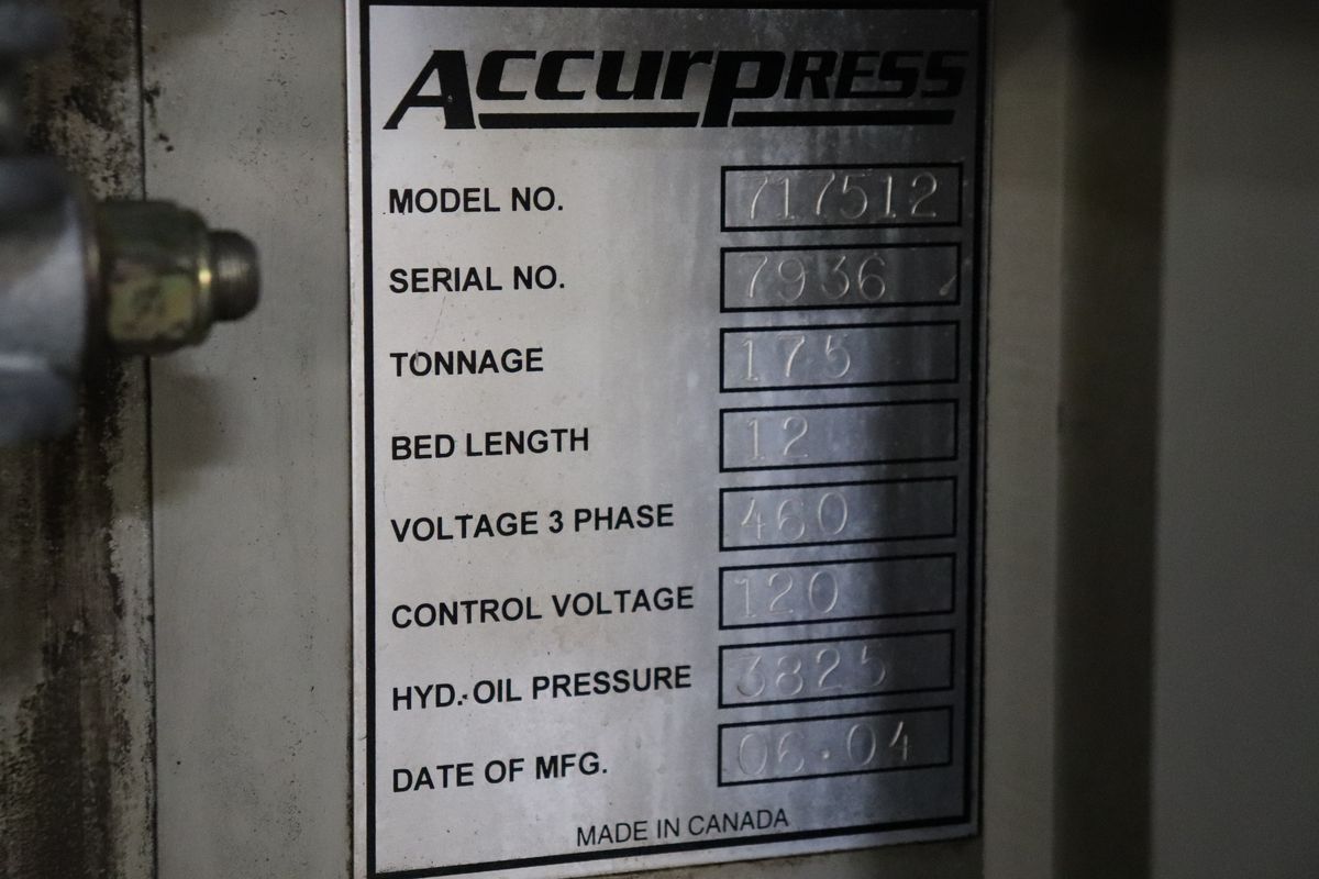 Accurpress 717512 175 Ton x 12' Hydraulic CNC Press Brake w/ ETS3000 ...