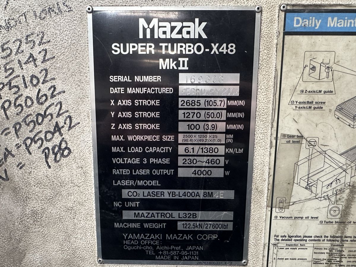 MAZAK SUPER TURBO-X48 Mk II 4'x8' 4000 Watt CO2 Laser | eBay
