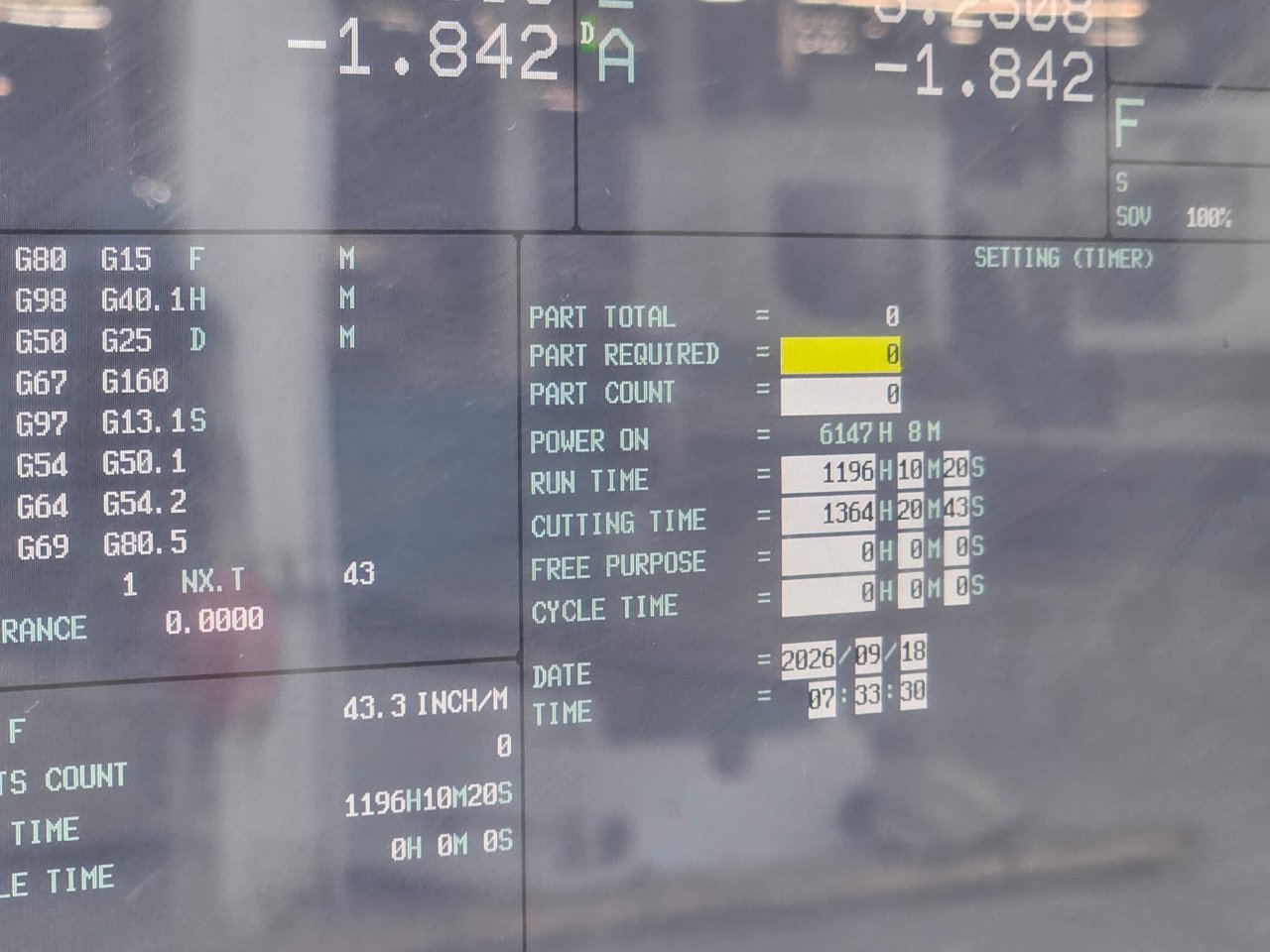 Fanuc control timer setting screen on a DN Solutions MYNX 6500/50 II showing power on and run time hours