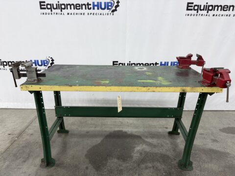 3' x 6' Steel Work Table w/ (2) 3.5" Columbian & (1) Americana A4-1/2 Vises